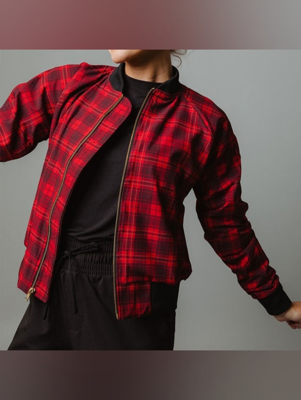 Albion Fit Bonnie Plaid Bomber Jacket Red Tartan Gold Zip Athleisure S